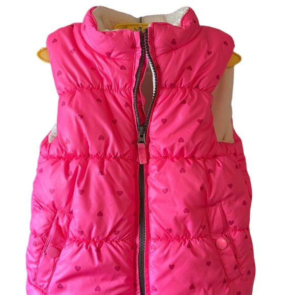 Carter's Pink Puffer Vest Child 4T Hot Pink Hearts Sherpa/Fleece Lining - Picture 1 of 3